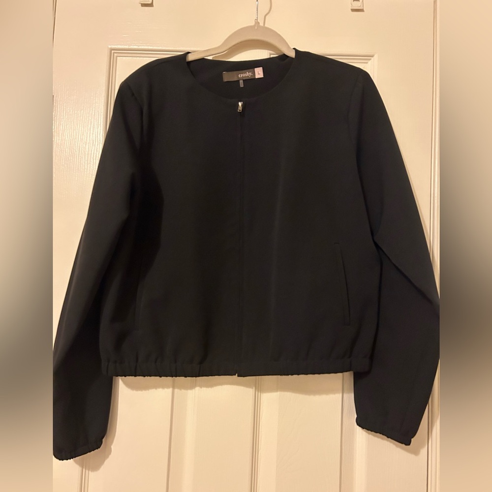 Crosby black jacket. Size large. Fits 8-10 comfortably. Two slit pockets.